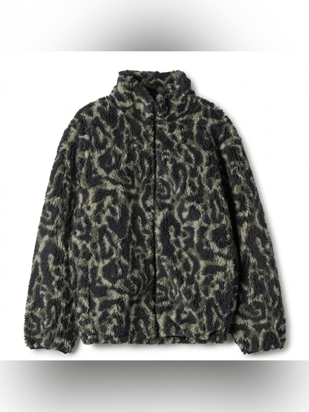 Aritzia | Olive Green and Black Sherpa Zip Stand Up Collar Teddy Jacket